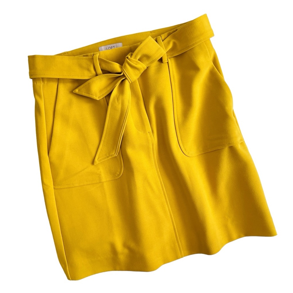 LOFT Textures Belted Lined Skirt Mustard Yellow Pockets Sz 2 - Picture 10 of 16